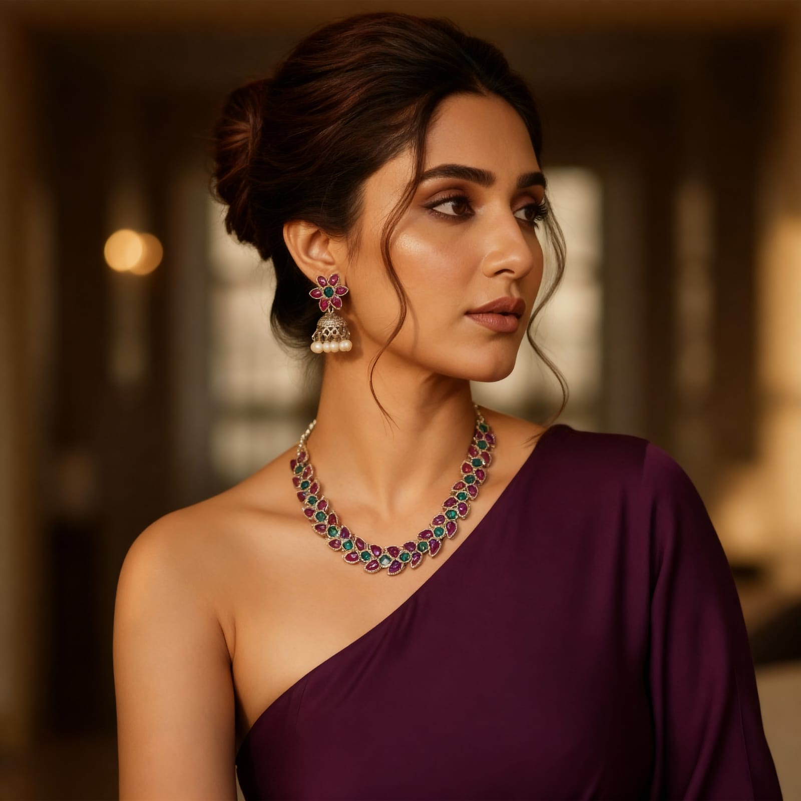 Silver-Plated Magenta & Green Stone Necklace Set With Jhumka Earrings – Festive Ethnic Indian Jewelry