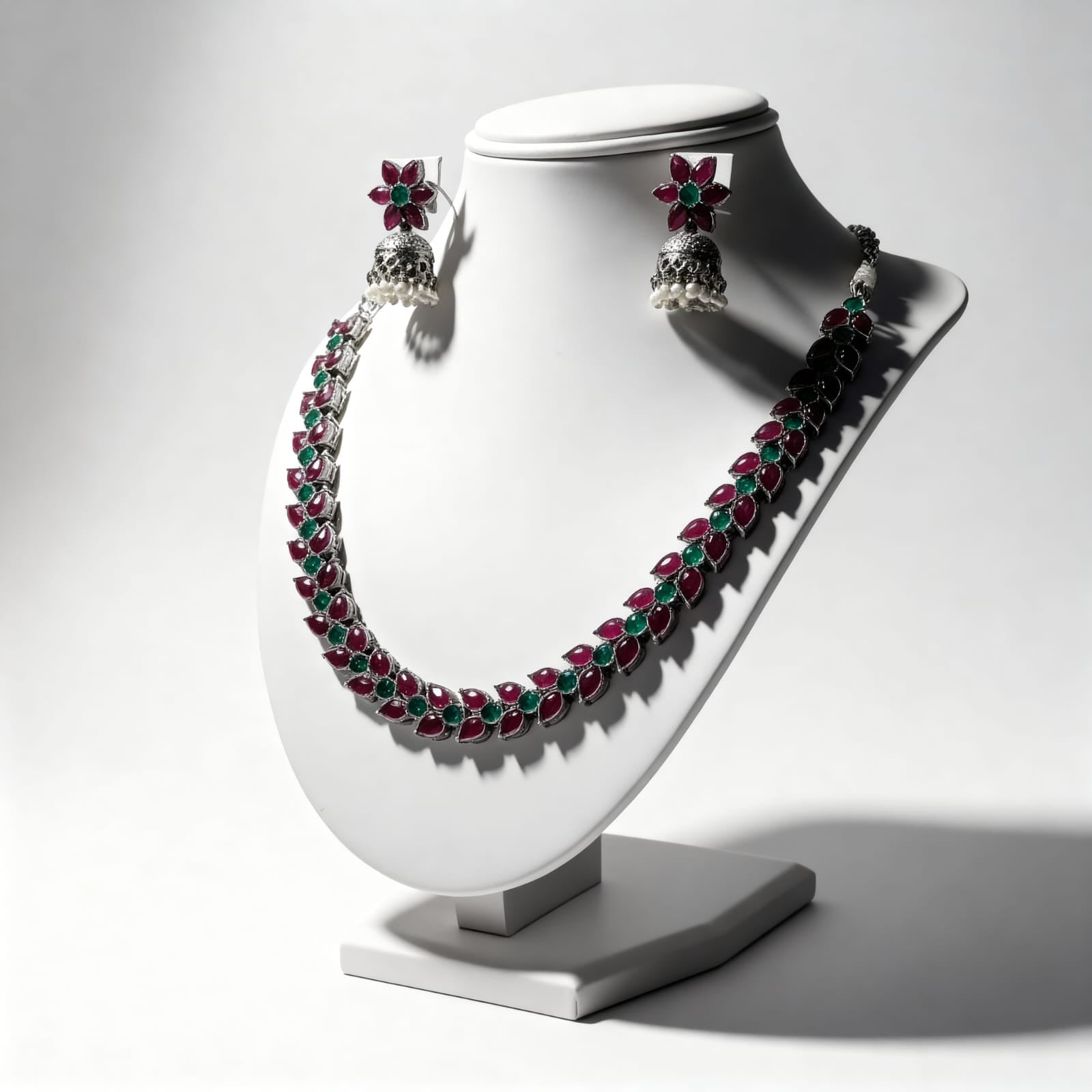 Silver-Plated Magenta & Green Stone Necklace Set With Jhumka Earrings – Festive Ethnic Indian Jewelry