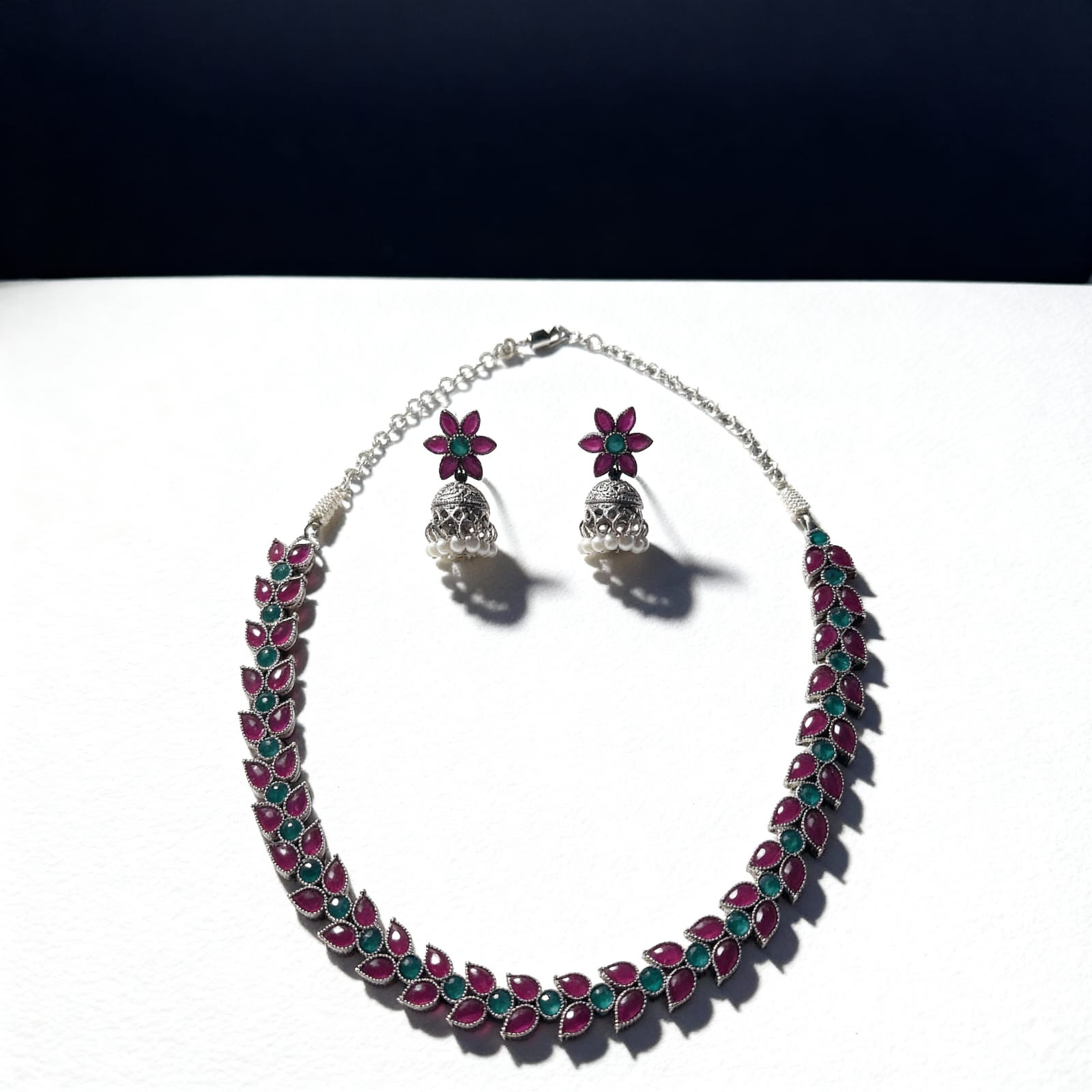 Silver-Plated Magenta & Green Stone Necklace Set With Jhumka Earrings – Festive Ethnic Indian Jewelry