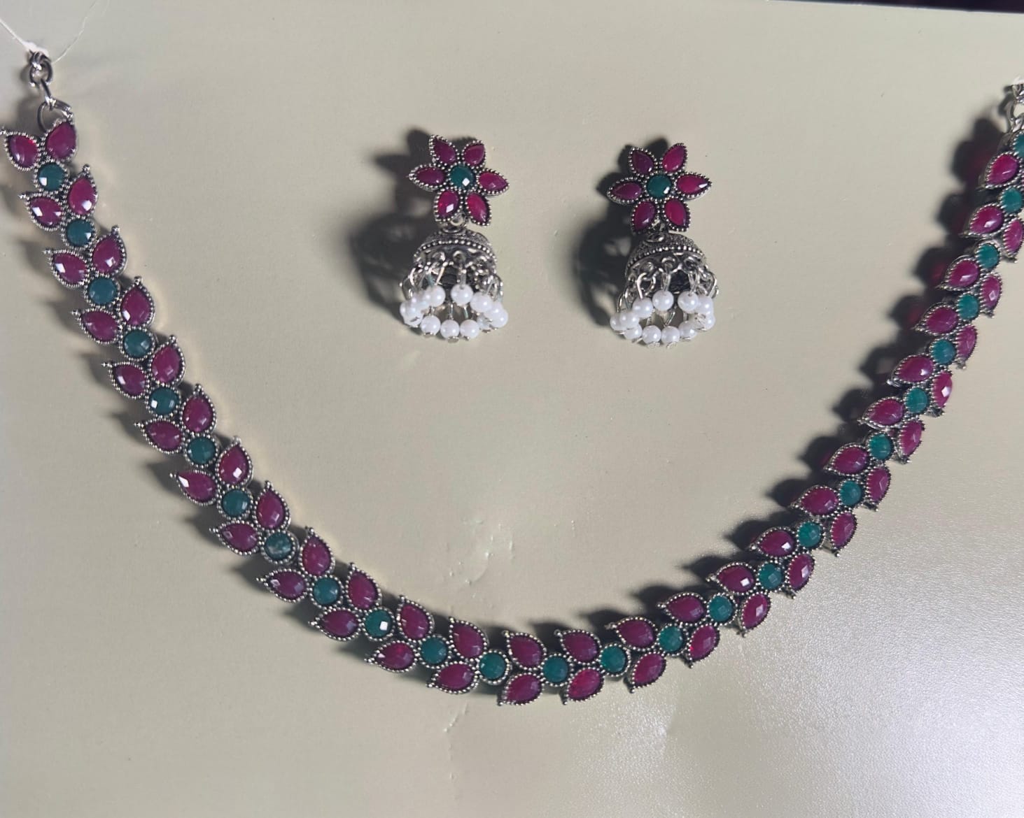 Silver-Plated Magenta & Green Stone Necklace Set With Jhumka Earrings – Festive Ethnic Indian Jewelry