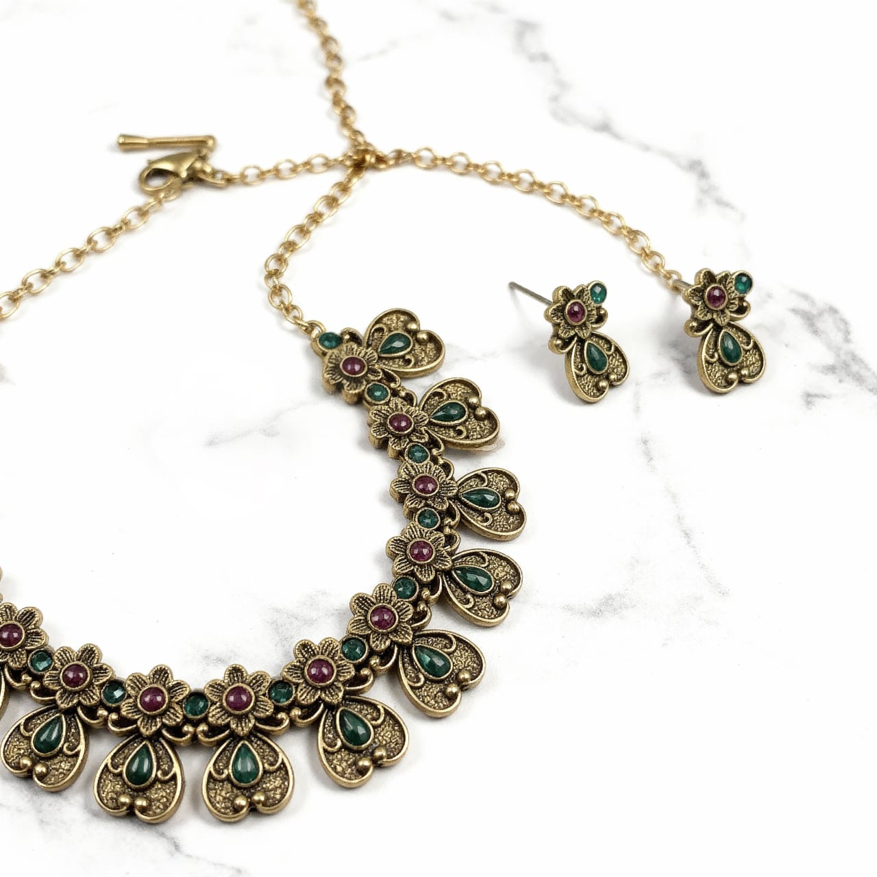 Antique Green Floral Necklace Set with Earrings – Traditional Indian Designer Jewelry for Women
