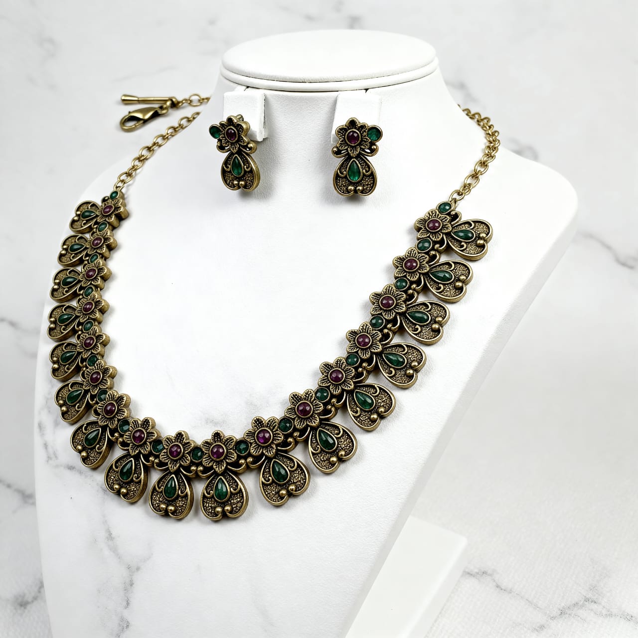 Antique Green Floral Necklace Set with Earrings – Traditional Indian Designer Jewelry for Women