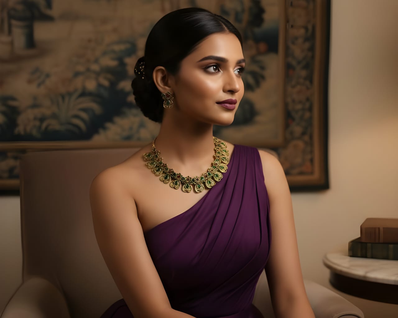 Antique Green Floral Necklace Set with Earrings – Traditional Indian Designer Jewelry for Women